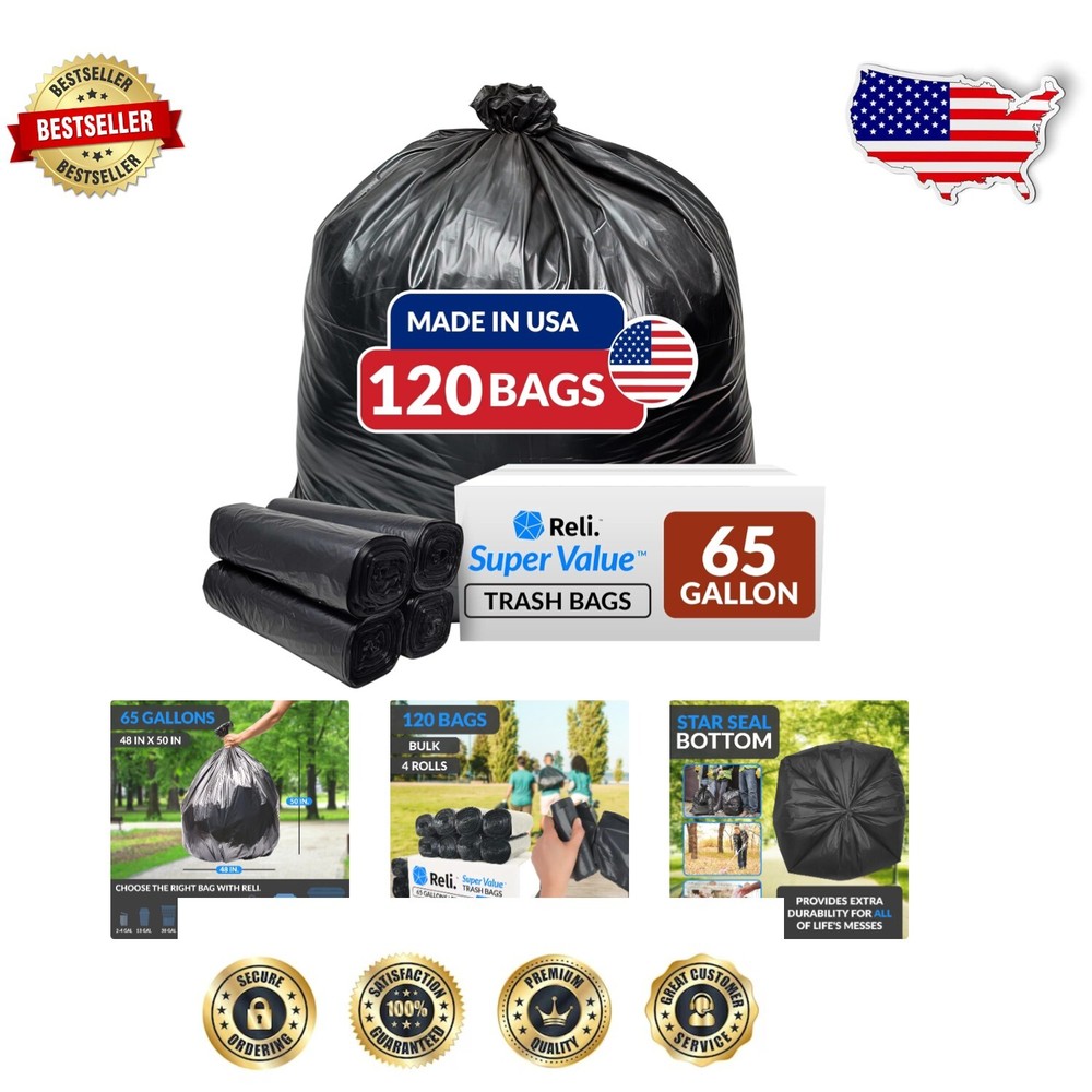 Bulk 120 Count Heavy-Duty 65 Gallon Trash Bags - Unscented & Tear-Resistant