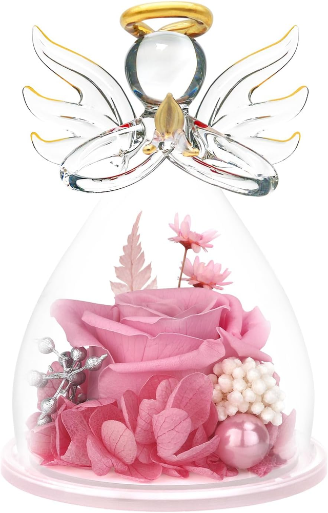 Preserved Flower Rose Gifts in Glass Angel Figurines,Valentines Day Gifts for He