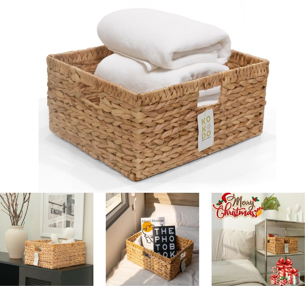 KOKODO Pack 1 Jumbo Rectangular Water Hyacinth Wicker Storage Baskets with Ha...