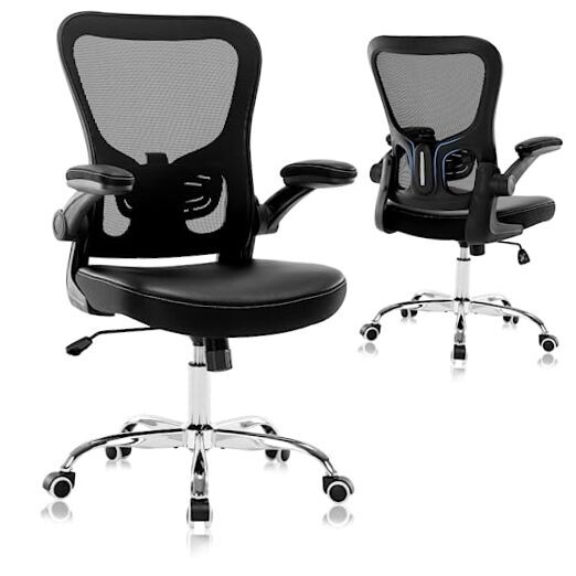 Ergonomic Mesh Office Chair with PU Leather Flip-Up Arms for Comfort & Support