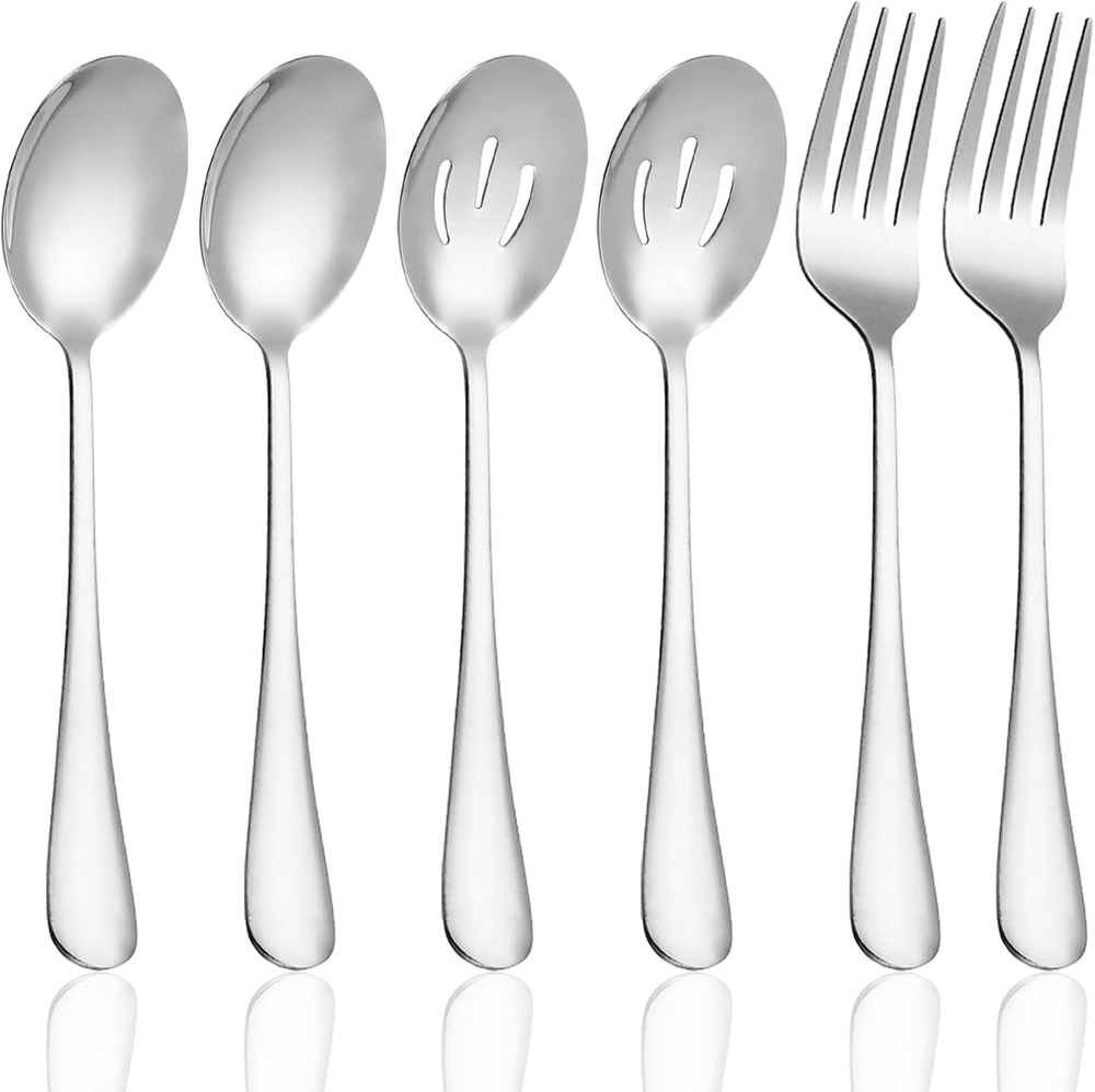 6 Pieces Large Serving Flatware Silverware Set,  2 Slotted Serving Spoon, 2 Serv