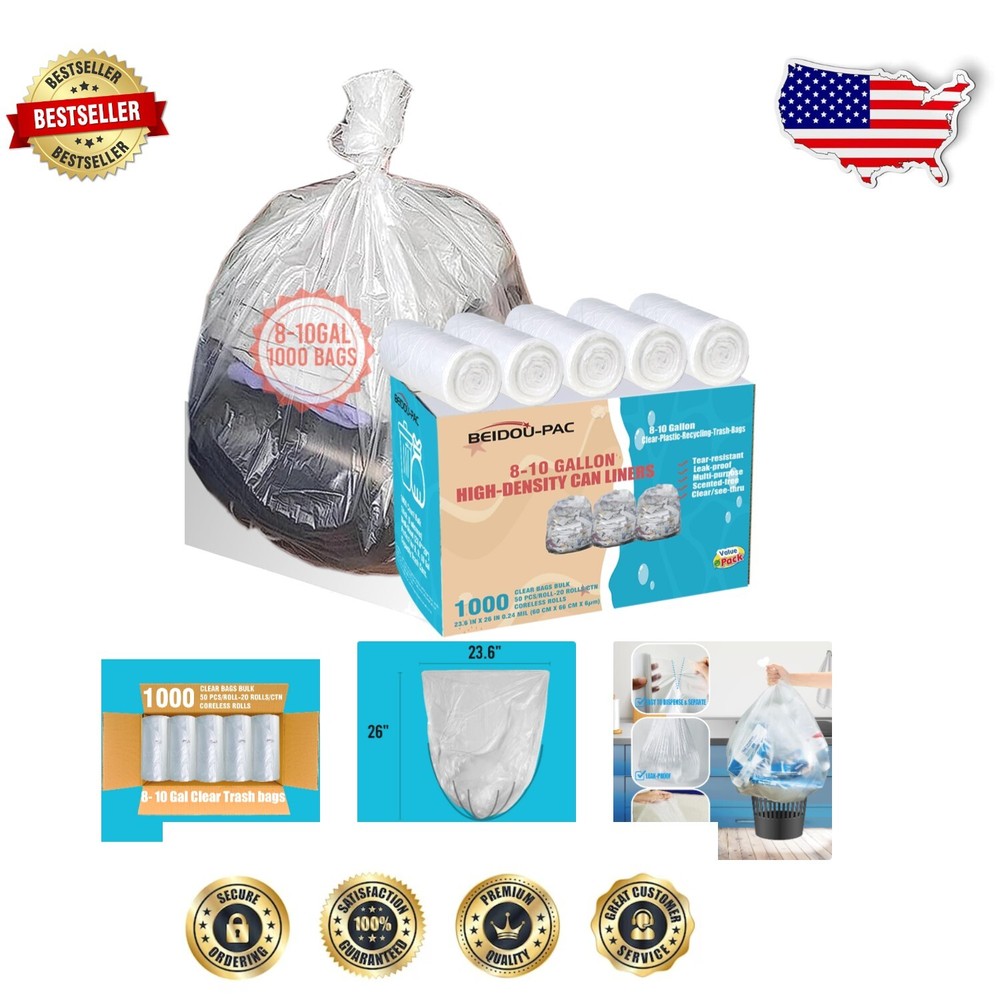 Economical 8-10 Gallon Clear Trash Liners - 1000 Count Heavy Duty & Leak-Proof