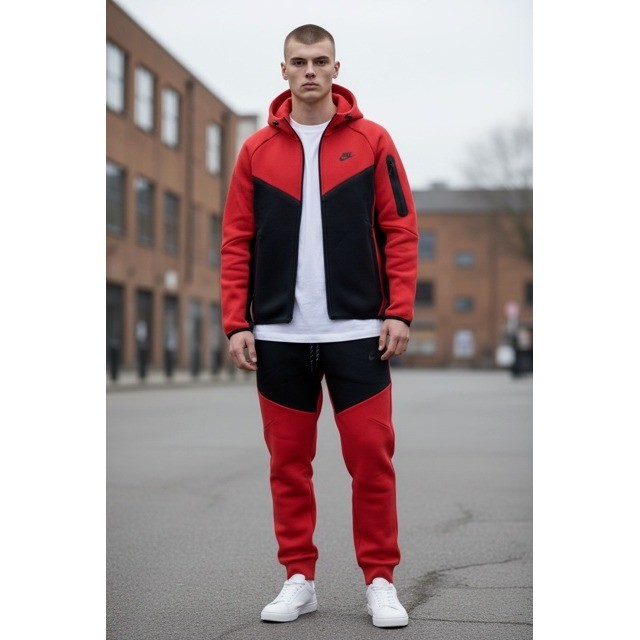 Nike Tech Tracksuit Full Set Red Black Full Zip Hoodie Jogger Pants Mens (S)