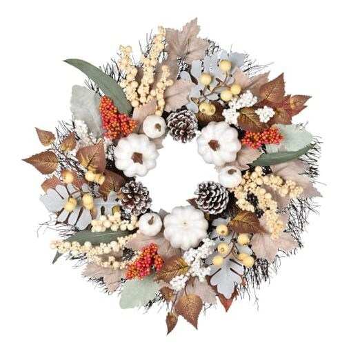 20 inch Fall Wreath Front Door Decor, White Pumpkin Wreath Harvest Wreath