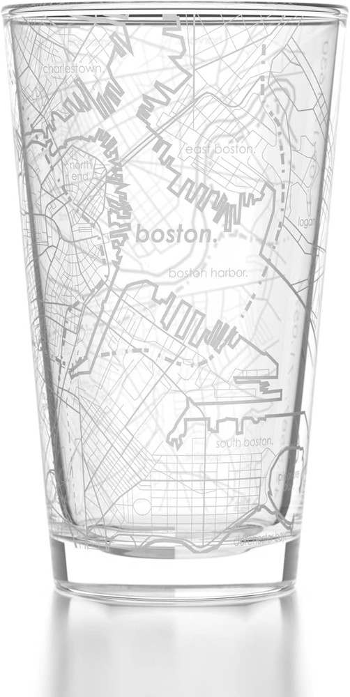 Engraved Boston Massachusetts Map Pint Glass, Etched Beer Gift (16 Oz, Clear) Ci