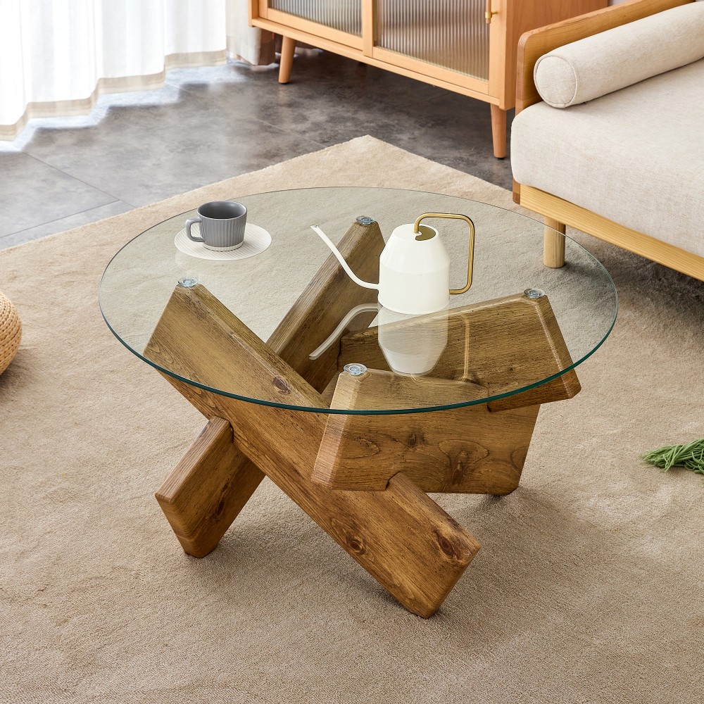 Round Glass Coffee Table Tempered Glass Top Wood-Grain Legs