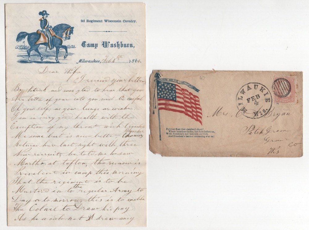 US 1866 POST-CIVIL WAR PATRIOTIC COVER & 3PAGE LETTER NEA MILWAUKEE FANCY CANCEL