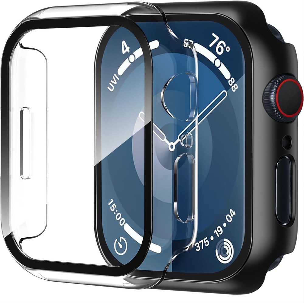 Smiling 2 Pack Case Built in Tempered Glass Screen 44mm, Black + Transparent