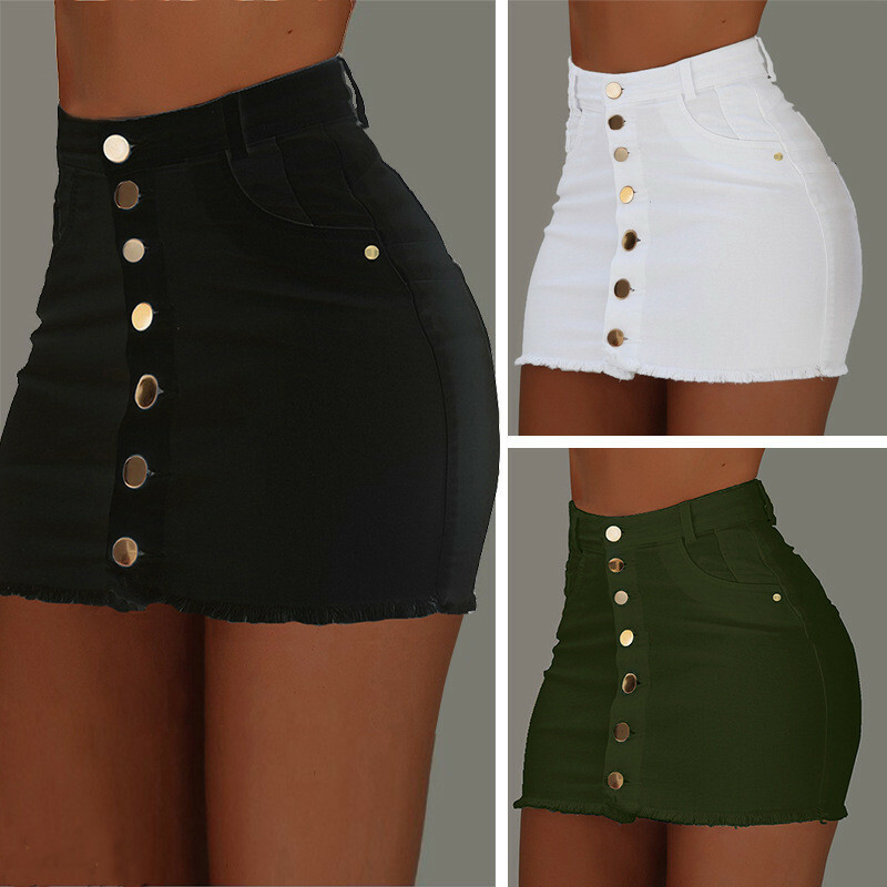 Sexy Womens Denim Jeans High Waist Short Skirt Buttons Pencil Bodycon Mini Dress