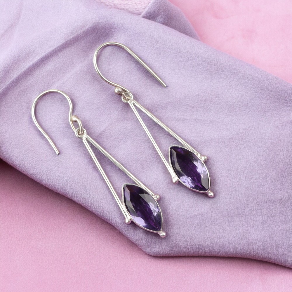 Natural Iolite Gemstone 925 Silver Minimalist Drop Earrings for Women