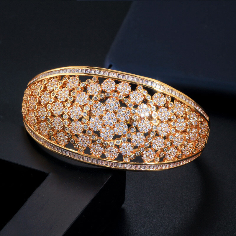 Yellow Gold Plated CZ Zircon Floral Hollow Wide Cuff Wedding Bracelet