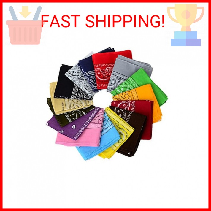 12-Pack Double-Sided Cotton Bandanas - 22x22 Inch Assorted Designs
