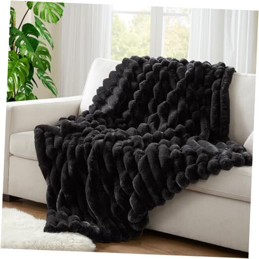 Ultra Soft Faux Rabbit Fur Striped Throw Blanket - Luxury Plush Blanket for