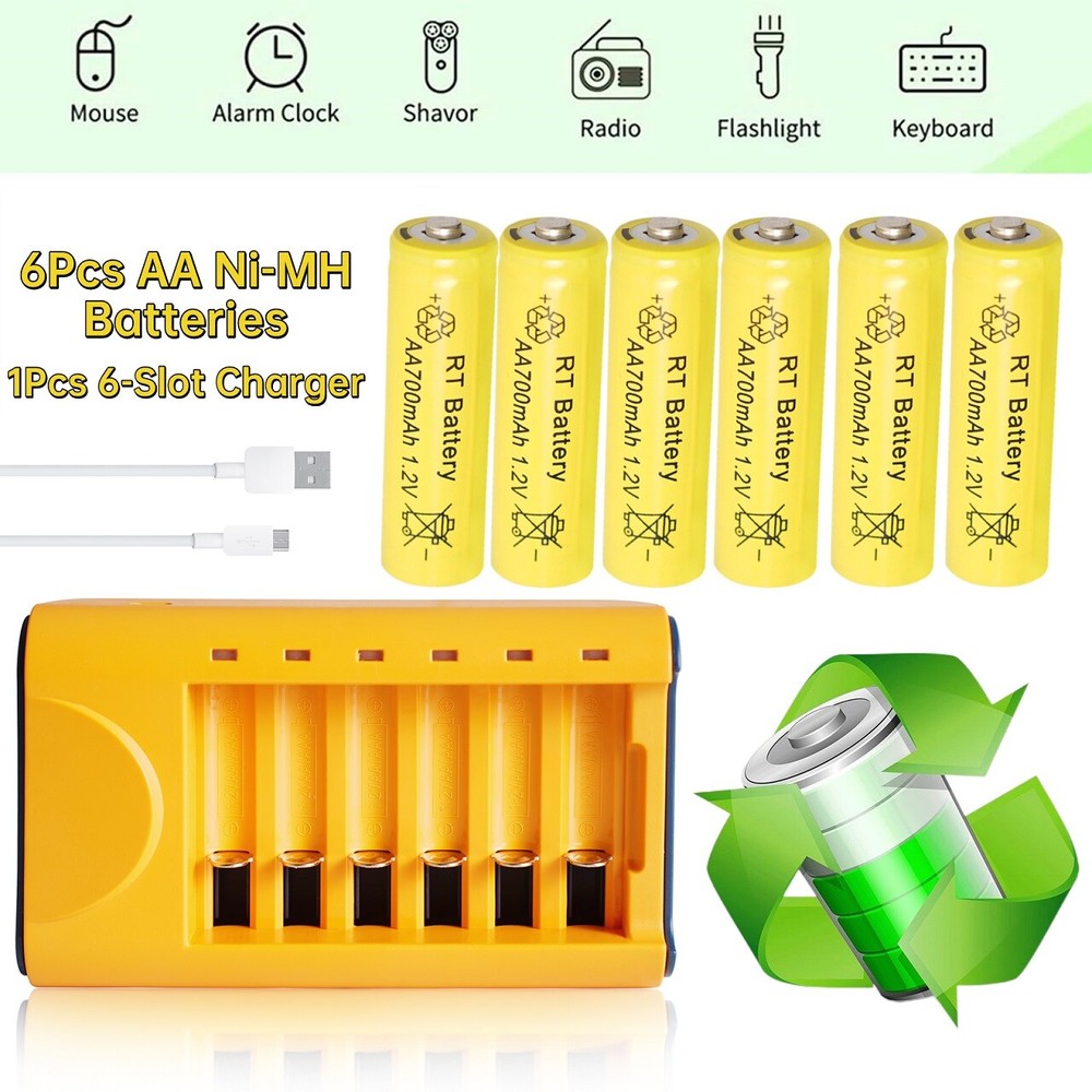 6Pcs 1.2V Ni-MH AA Rechargeable Batteries 700mAh with 6-Slot Battery Charger AA