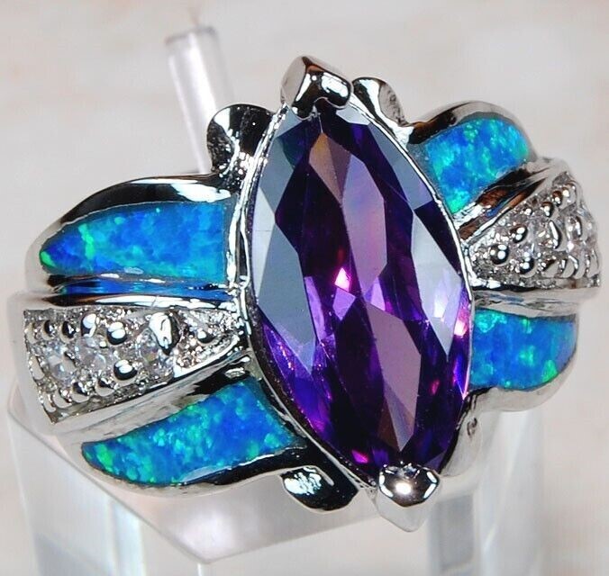 2CT Amethyst & Australian Opal Inlay 925 Sterling Silver Size 7 Ring
