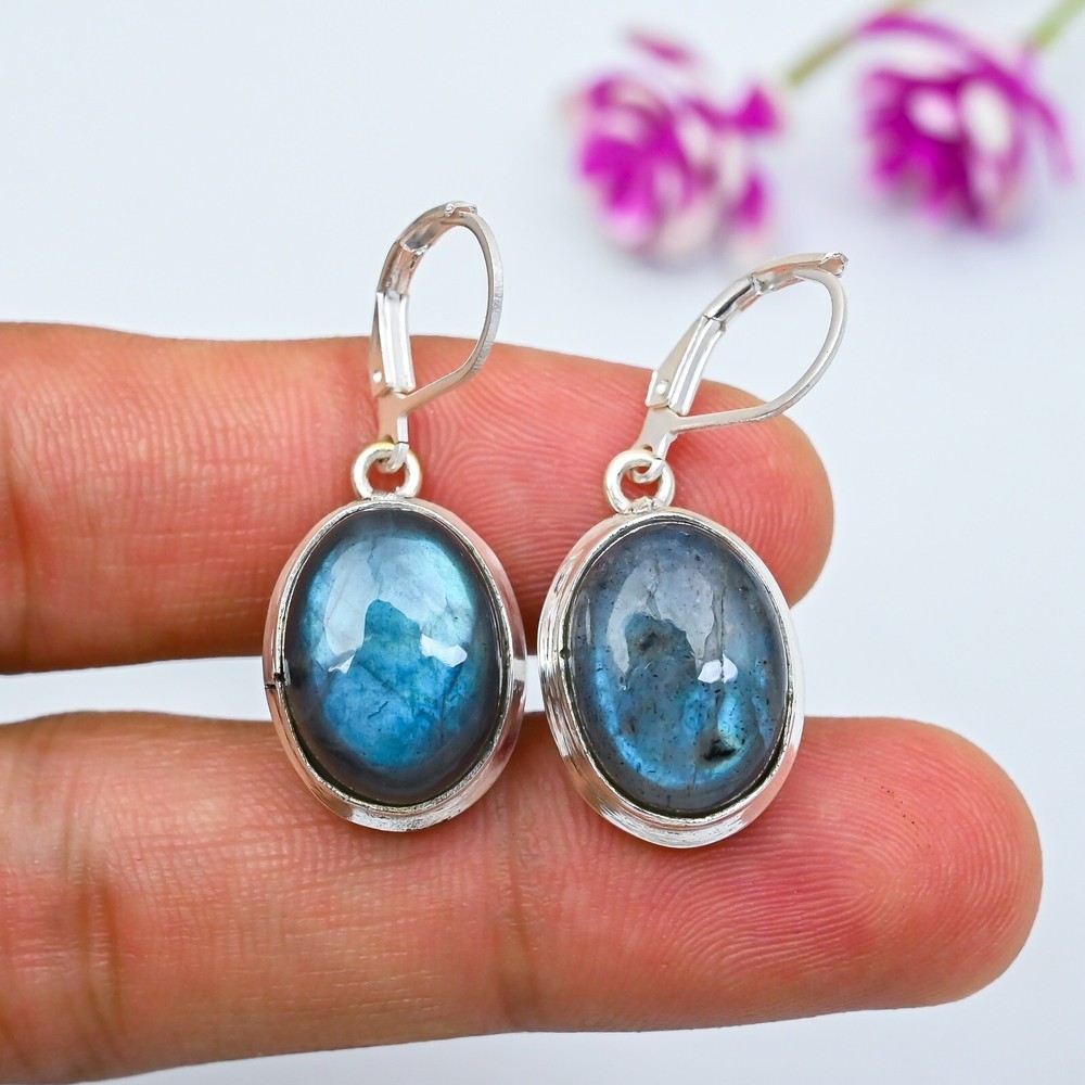 Natural Blue Labradorite Gemstone 925 Sterling Silver Handmade Earrings