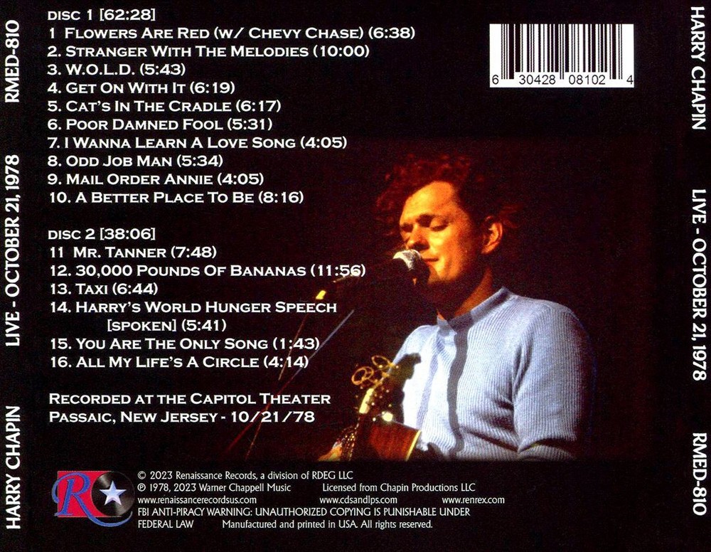 HARRY CHAPIN LIVE AT THE CAPITOL THEATER, PASSIAC, NJ, OCTOBER 21, 1978 NEW CD