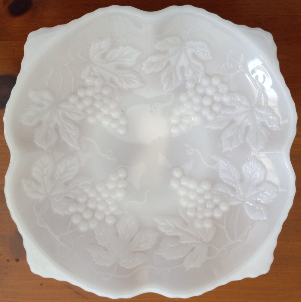 Anchor Hocking Vintage Scalloped Edge Milk Glass Footed Bowl with Grape Leaf Design 8.5 Inch