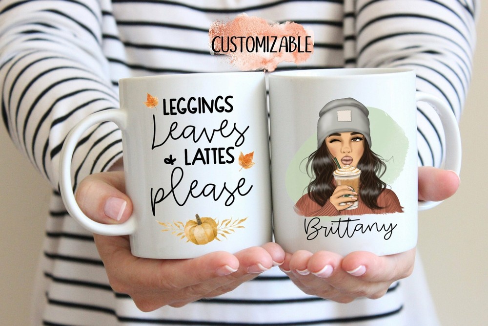 Personalized Fall Mug Leggings Leaves And Lattes Autumn Coffee Mug Fall Weather