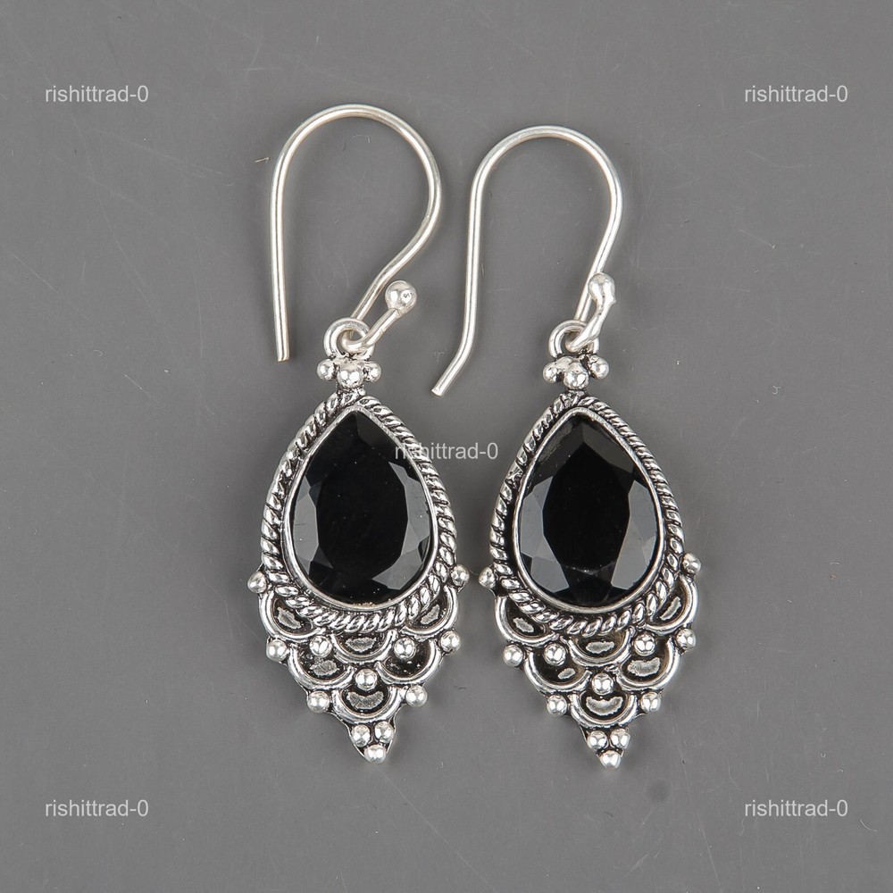 925 Sterling Silver Root Chakra Black Onyx Gemstone Drop Dangle Wedding Earrings
