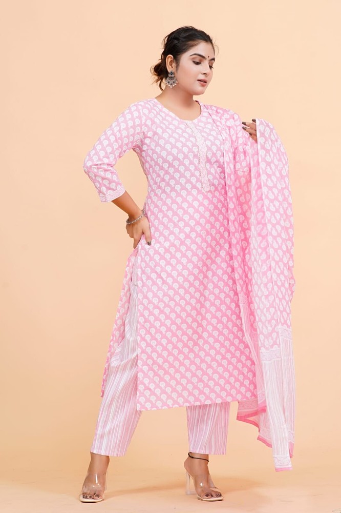 Trendy Womens Pink Flower Print Cotton Stitched kurti pant with dupatta