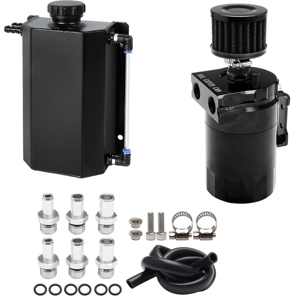 2L Coolant Radiator Overflow Tank +300ml Baffled Oil Catch Can w/Breather Filter