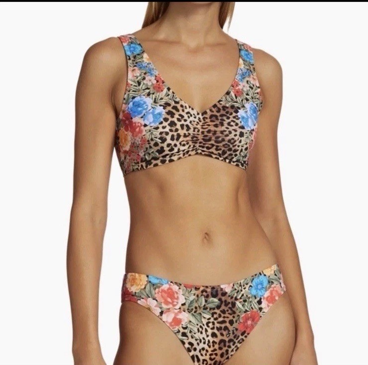 $216 JOHNNY WAS $128 CHEETAH RUCHED BIKINI TOP  AND $88 BOTTOM SET 2 Pcs