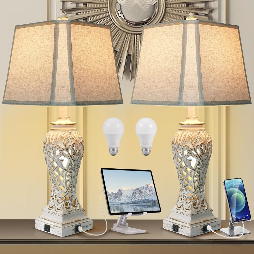 Set of 2 29-Inch White Farmhouse Boho Lamps for Living Room Decor