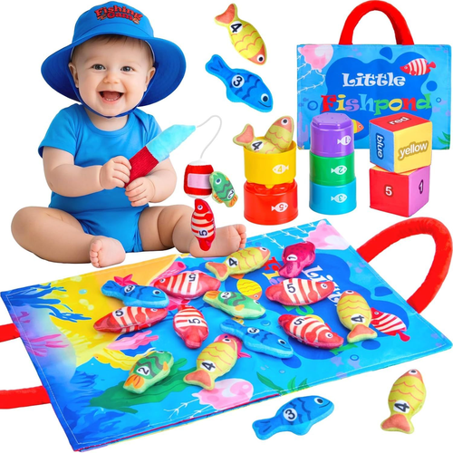 Montessori Cloth Fishing Game with Stacking Cups for 1 Year Olds 24-Piece Set