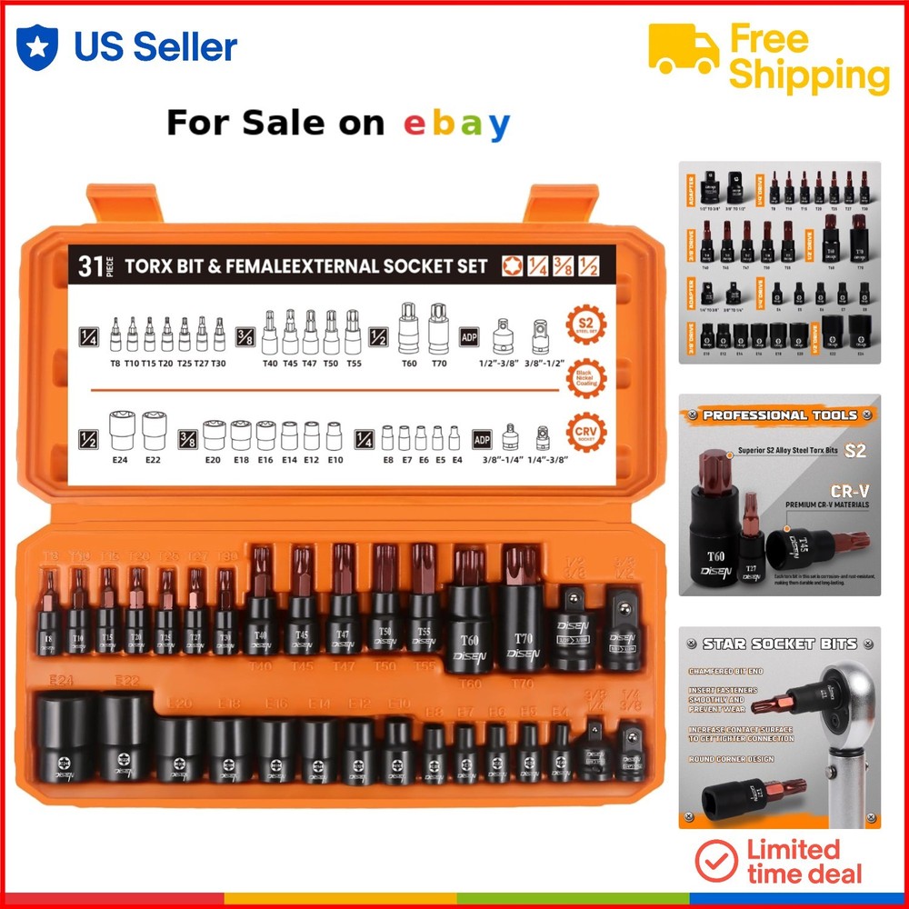 31-Piece Torx Bit Socket Set Alloy Steel Impact Adapter for Automotive