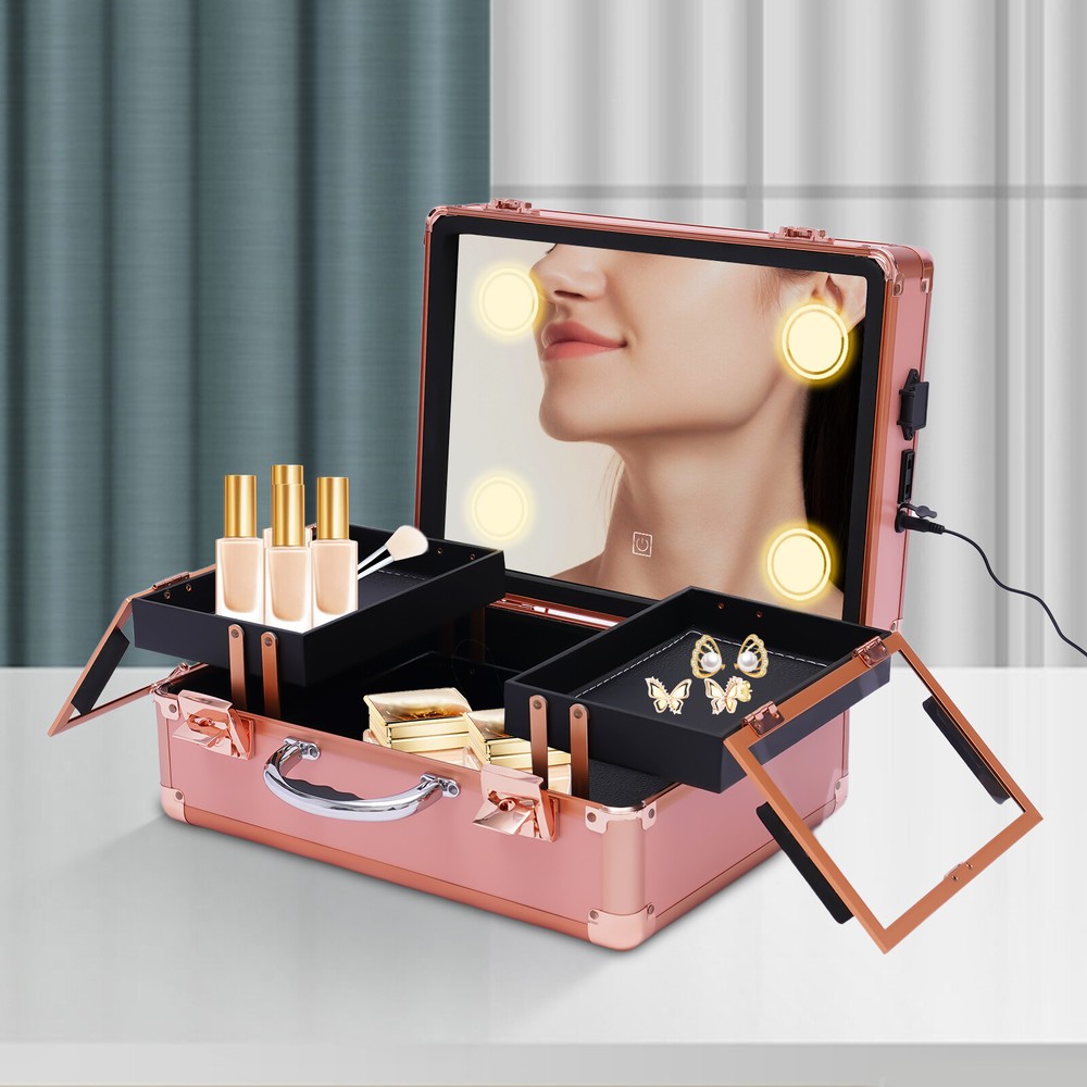 2-Layer Train Makeup Case with LED Mirror, 2 Locks, Portable & Multifunctional