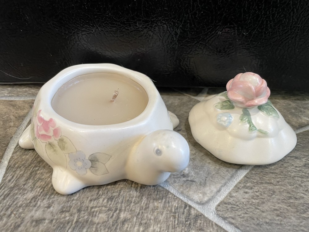 Pfaltzgraff Tea Rose Ceramic Turtle Candle Jar with Lid in Pink and Blue Floral Design  