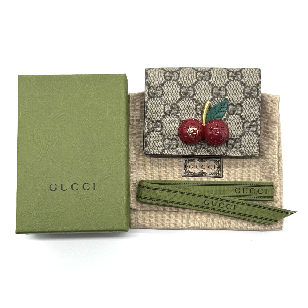 Gucci GG Supreme Bifold Wallet Cherry Red Beige PVC Leather Authentic