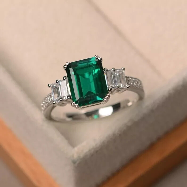 3.00 Ct Emerald Cut Natural Emerald & Diamond Wedding Ring 14K White Gold solid