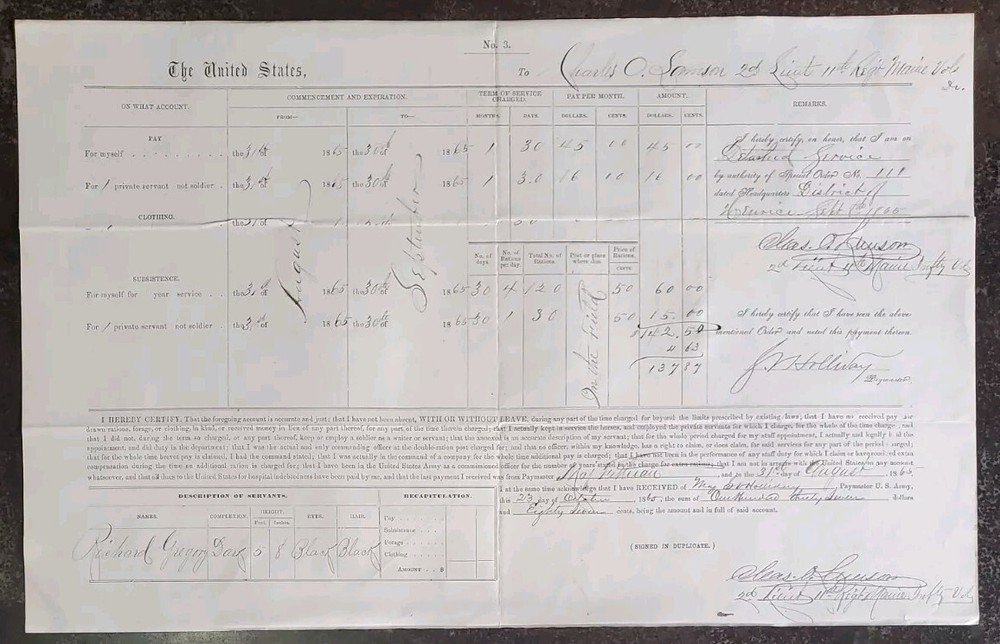 1865 Civil War Payment Voucher for 2nd Lt Charles Sampson - Rare Historical Document-image