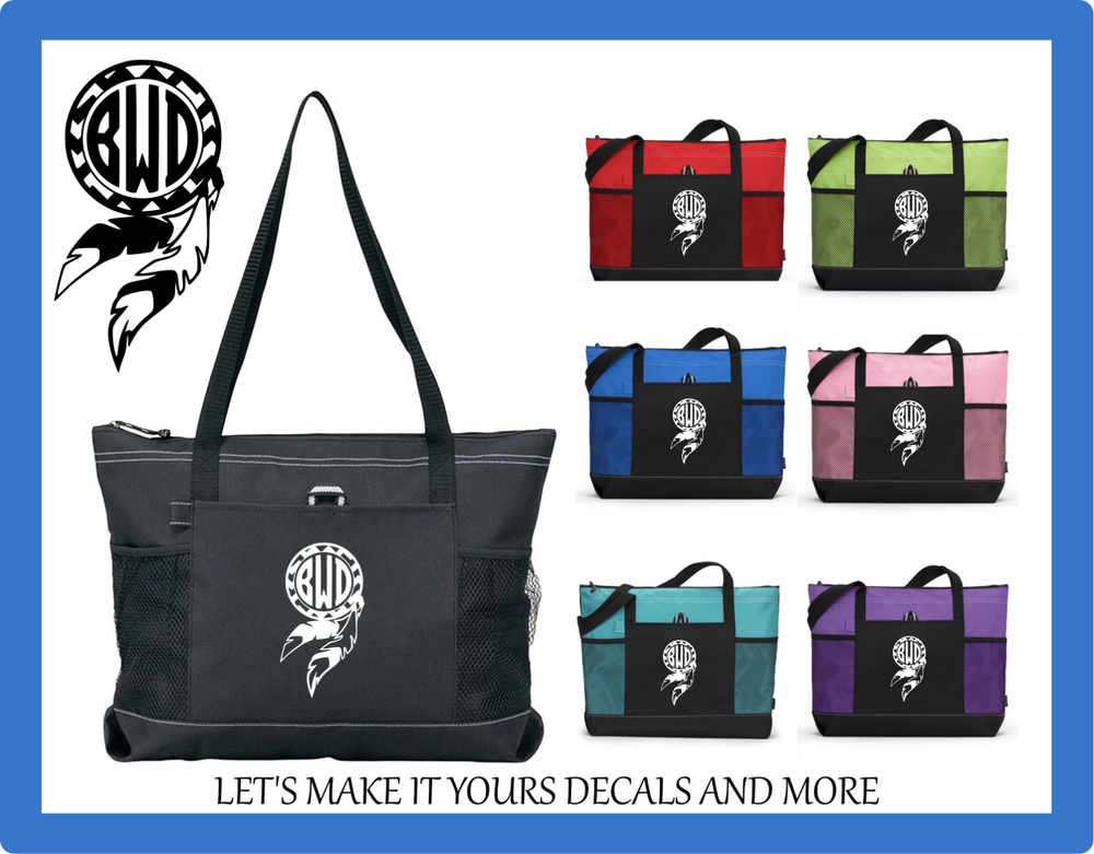 FEATHER DREAMCATCHER MONOGRAM ZIPPERED TOTE PURSE SPORTS TRAVEL SCHOOL BAG GIFT