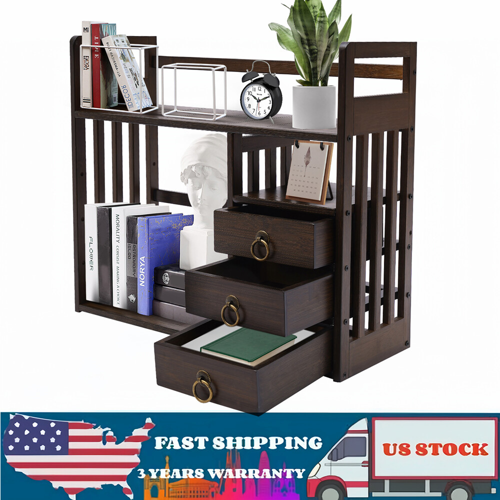 Compact Bamboo Desktop Bookshelf Organizer with 3 Drawers for Office Storage