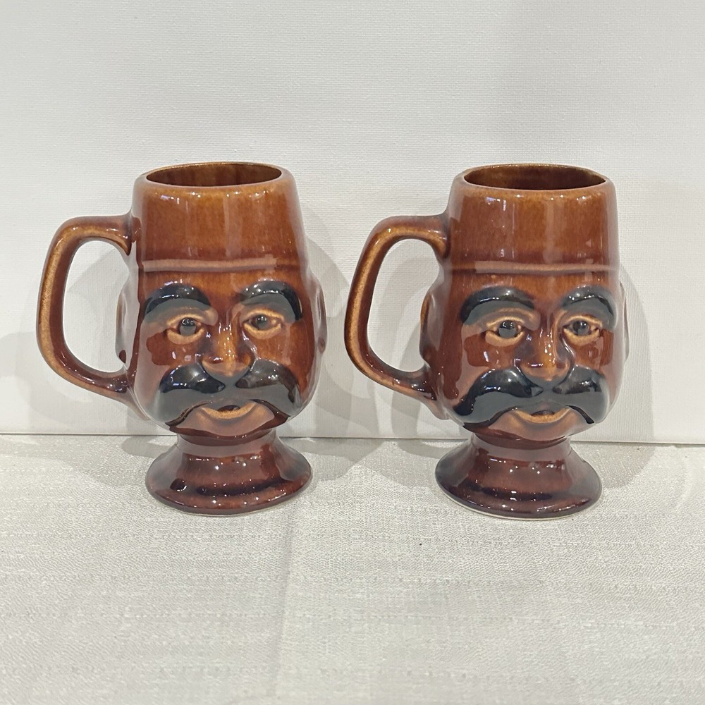 Vintage Brown Pottery Mans Face Mustache Cup Mugs Set of 2