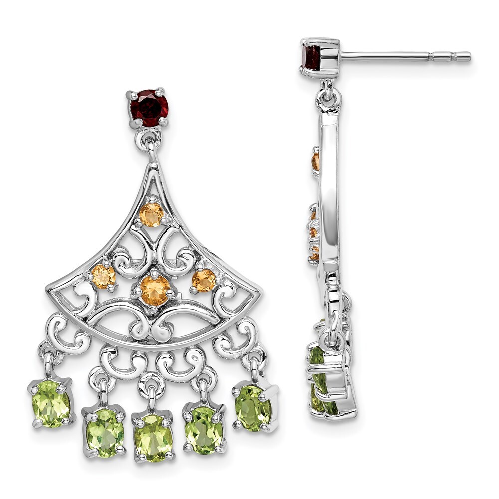 Sterling Silver Rhodium-Plated Garnet Citrine Peridot Drop Dangle Earrings