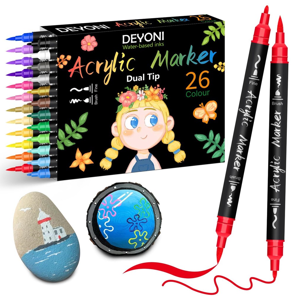 DEYONI 26 Colors Dual Tip Acrylic Paint Pens Markers, with Brush Tip and Fine...