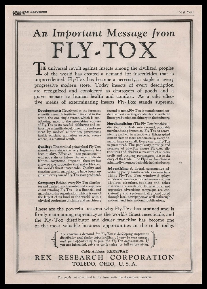 1929 Rex Research Toledo Ohio Fly-Tox Insecticide Bug Spray Vintage Print Ad