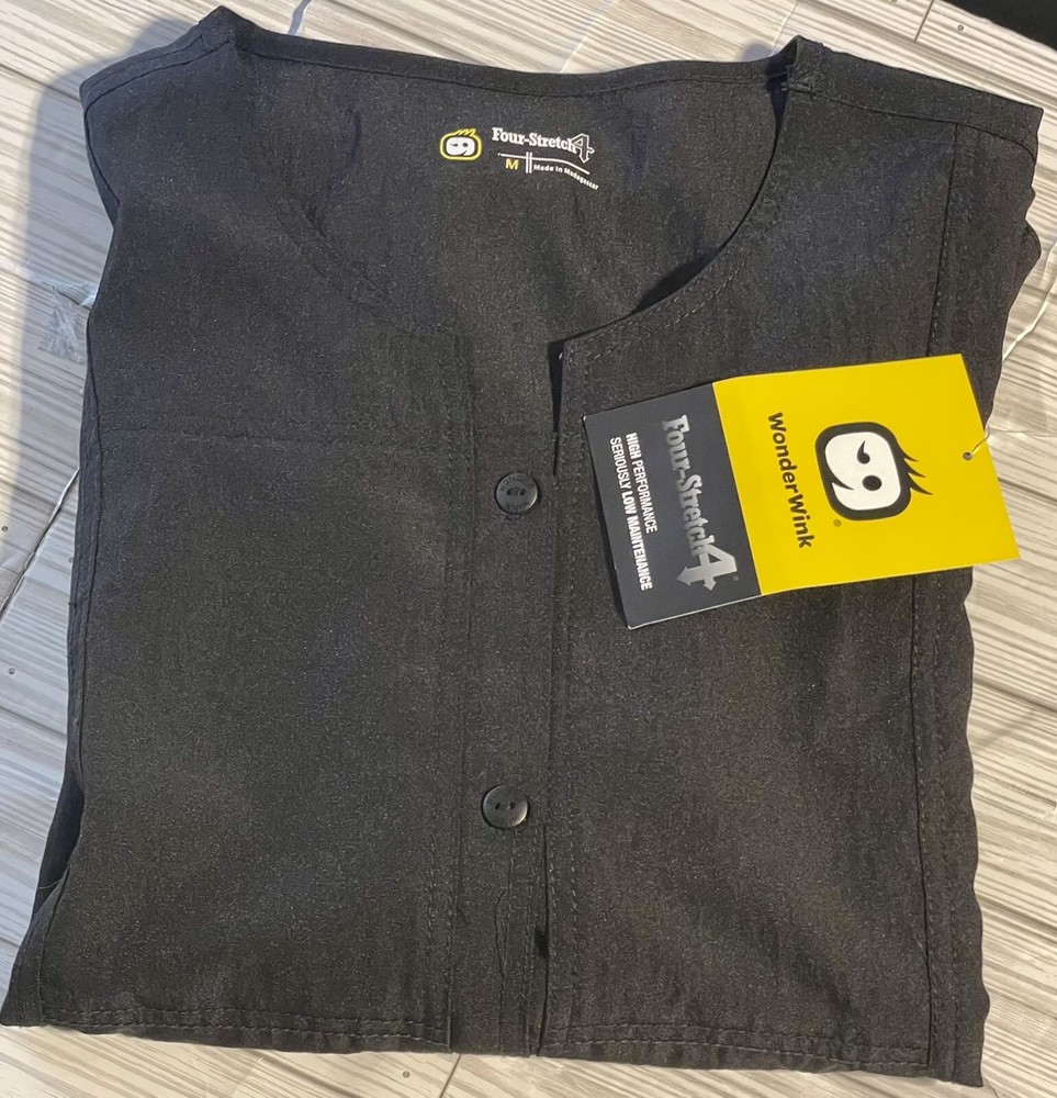 NWT WonderWink Four Way Stretch Sporty Snap Lab Coat Medium Black