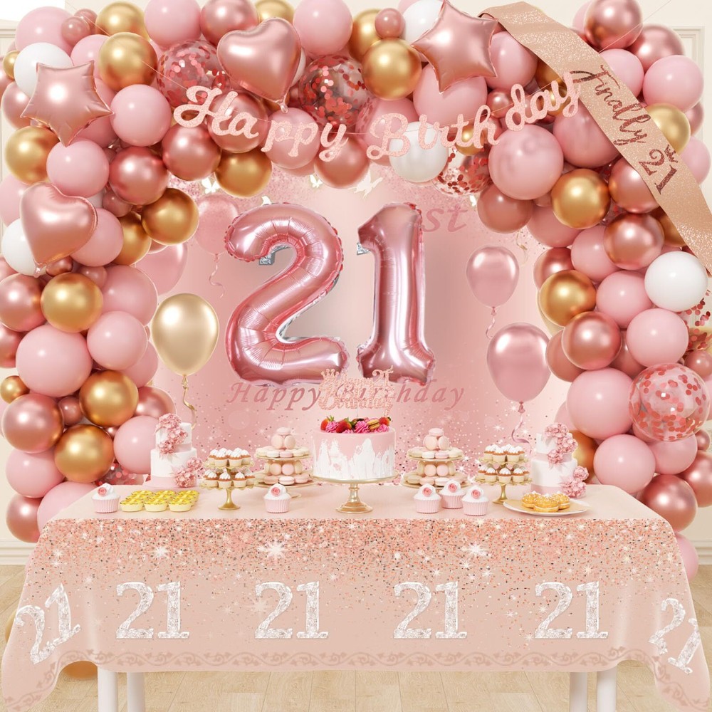 21st Birthday Decorations for Her Rose Gold Birthday Decorations with Backdro...