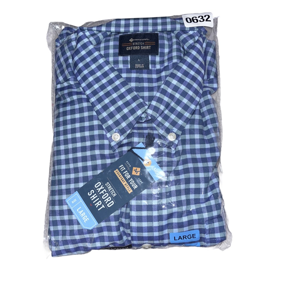 Men's Large Stretch Oxford Shirt Blue Checkered by Members Mark-image