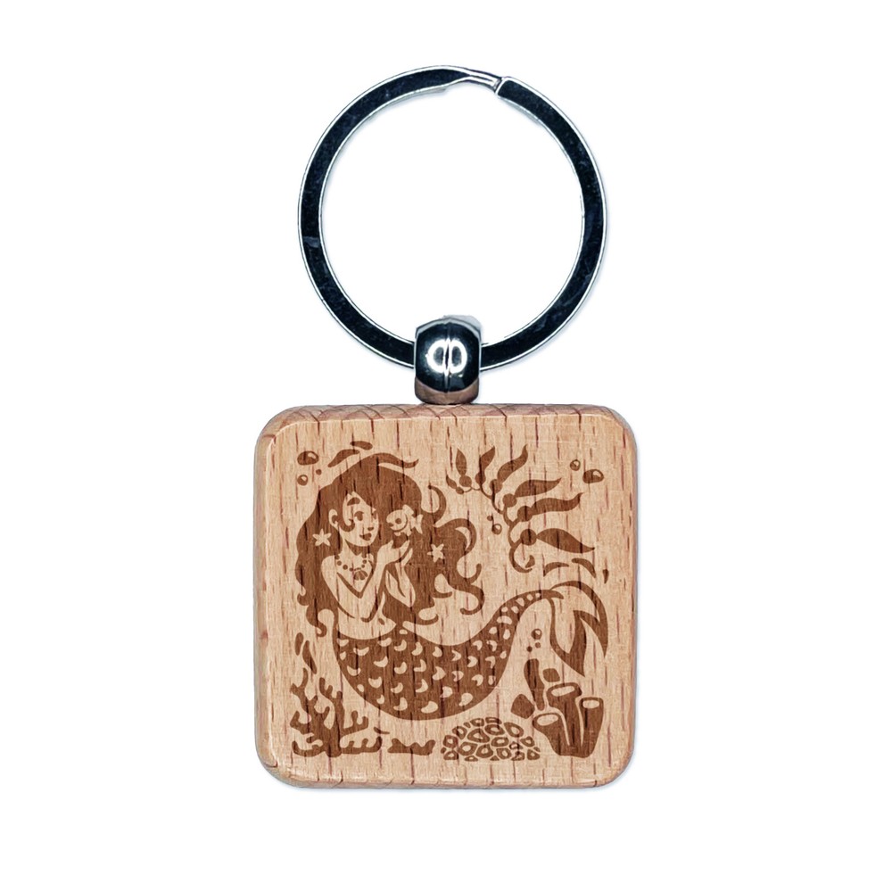 Mermaid Swimming in Reef Engraved Wood Square Keychain Tag Charm