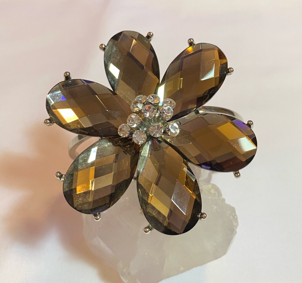 NWTs PARK LANE Smoky Australian Crystal Floral Silver Tone Hinged Cuff Bracelet