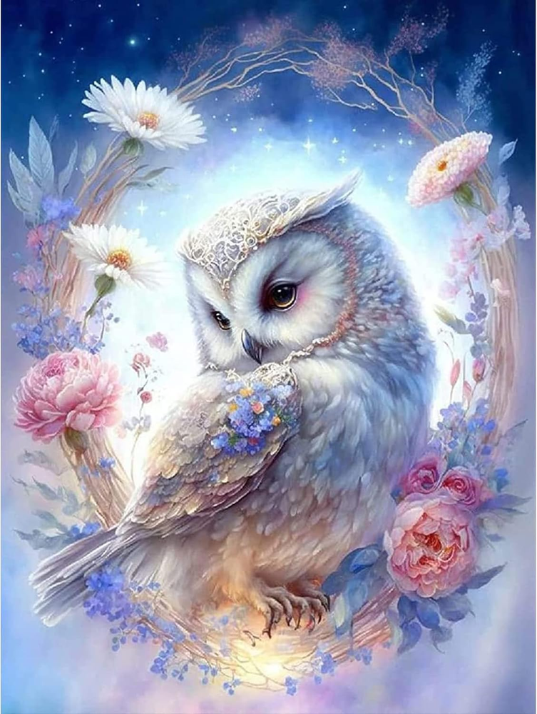 White Owl Flowers Diamond Art Painting Kits for Adults, 5D DIY Diamond Art Kits