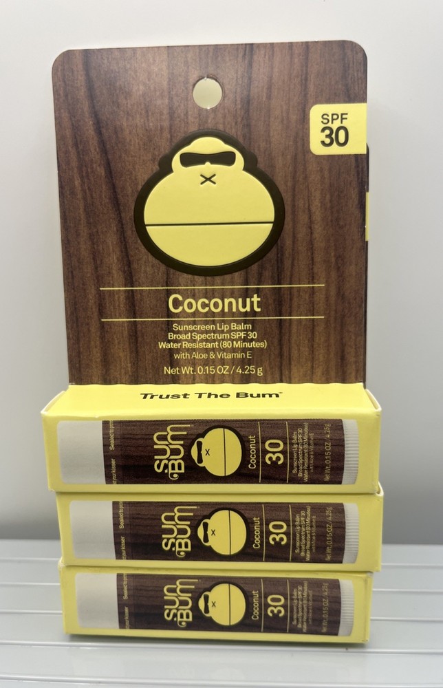 NEW (Lot of 3) SUN BUM Coconut Sunscreen Lip Balm SPF 30 Exp. 2027 FREE SHIPPING