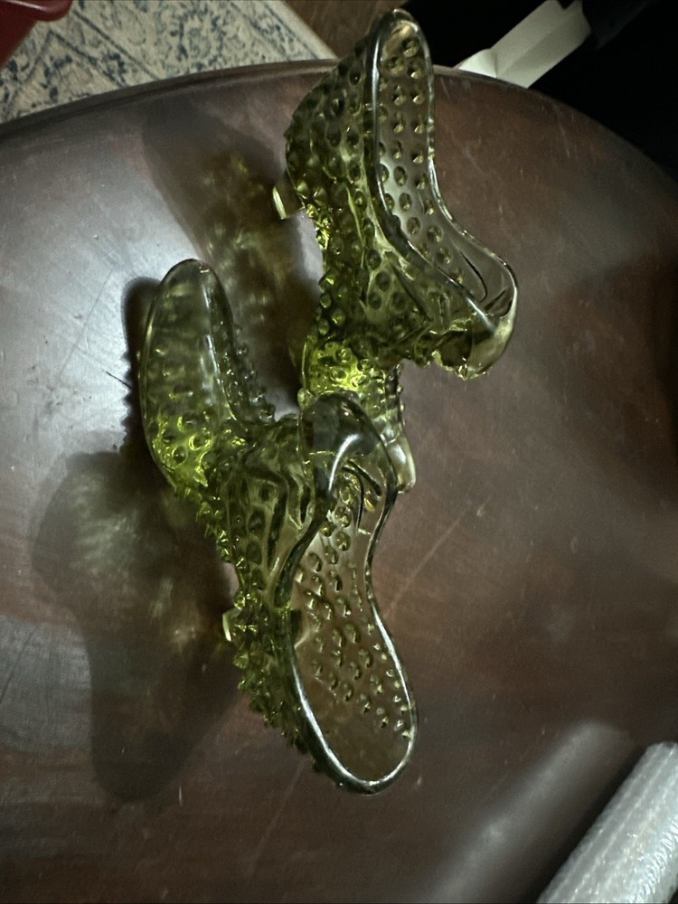 Vintage Fenton Art Glass Olive Green Hobnail Cat Head Shoe Slipper Heel Boot