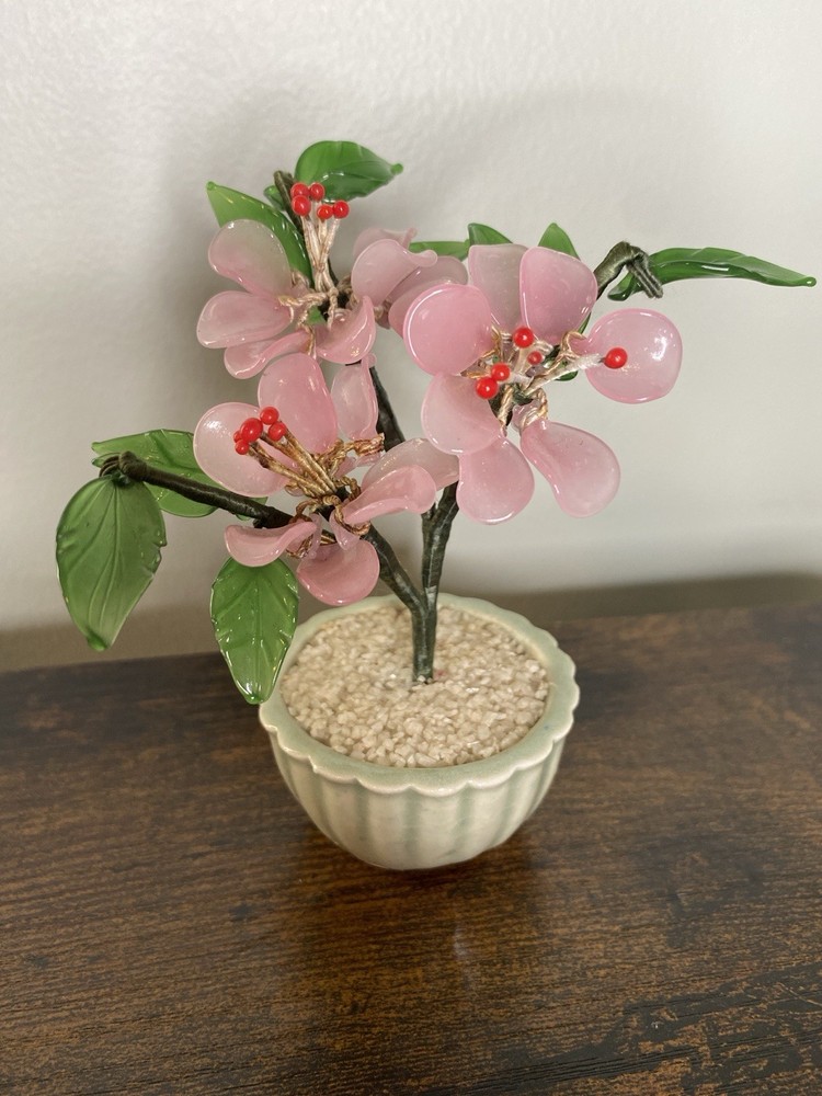 VTG Chinese Jade Glass Leaves Pink Cherry Flowers Bonsai Tree Green Celadon Pot